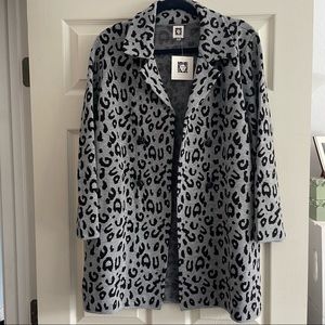 Anne Klein Gray Leopard Print Long Collared Cardigan Sweater